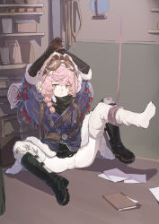 1girl :&lt; absurdres arms_up black_boots black_gloves black_sweater boots bound bound_leg bound_wrists brown_hat coat full_body furrowed_brow gloves goggles goggles_on_headwear green_eyes hat highres indoors left_shoe_removed leg_up long_braid long_sleeves looking_at_viewer nautika_(reverse:1999) pants paper pink_hair purple_coat reverse:1999 sao7 shelf single_boot solo sweater thighhighs tied_up_(nonsexual) trapper_hat unworn_boots white_pants white_thighhighs