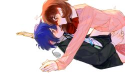 1boy 1girl after_kiss arm_support black_jacket blue_hair blush bow bowtie brown_eyes brown_hair cardigan collared_shirt commentary couple digital_media_player digital_walkman ear_blush earphones_removed eye_contact feet_out_of_frame flipped_hair from_side gekkoukan_high_school_uniform girl_on_top hand_on_another&#039;s_thigh heart hetero highres implied_sex jacket long_sleeves looking_at_another lying neck_ribbon no_pants on_back open_clothes open_jacket open_mouth panties panties_around_leg persona persona_3 pink_cardigan pink_panties profile pussy_juice red_bow red_bowtie ribbed_cardigan ribbon rrrrrrrrrrrou1 saliva saliva_trail school_uniform shirt short_hair sleeves_past_wrists symbol-only_commentary takeba_yukari underwear walkman_nw-s203f white_background white_shirt yuuki_makoto_(persona_3)