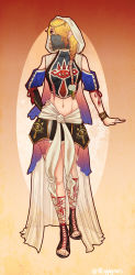1girl alternate_costume artist_name asymmetrical_clothes bandages bare_shoulders blonde_hair bracelet braid brown_eyes circlet cross-laced_footwear driftingbystars female_focus flower full_body hair_flower hair_ornament hair_over_one_eye hand_on_own_hip highres hood jewelry midriff navel nintendo sandals see-through_clothes sheik signature single_braid skirt solo the_legend_of_zelda the_legend_of_zelda:_ocarina_of_time veil