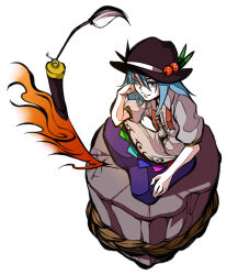 Rule 34 | 1girl, black hat, blue eyes, blue hair, center frills, closed mouth, collared shirt, commentary request, flat chest, frills, full body, grey shirt, hair between eyes, hat, hat ornament, head rest, highres, hinanawi tenshi, indian style, kaname-ishi, leaf hat ornament, long bangs, long hair, looking at viewer, puffy short sleeves, puffy sleeves, purple skirt, shika miso, shirt, short sleeves, simple background, sitting, skirt, smile, solo, sword of hisou, touhou, white background
