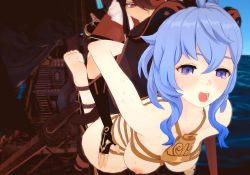 2girls animated animated_gif beidou_(genshin_impact) bouncing_breasts breasts ganyu_(genshin_impact) genshin_impact hanging_breasts helpless large_breasts laughing multiple_girls nipples restrained tickle_torture tickling