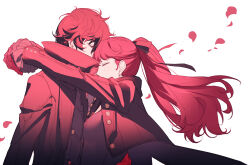 Rule 34 | 1boy, 1girl, absurdres, amamiya ren, blush, closed eyes, coat, commentary request, highres, hug, joker (persona 5), leotard, long hair, long sleeves, messy hair, persona, persona 5, persona 5 the royal, ponytail, red coat, red hair, red leotard, red petals, tsubsa syaoin, violet (persona 5), white background, yoshizawa kasumi