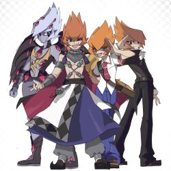 4boys alternate_form arm_behind_back armor bag black_coat black_pants black_shoes blue_pants body_markings boots breastplate brown_bag brown_shoes coat dark_persona demon_wings dress_shirt evil_grin evil_smile facial_mark facing_viewer fur-trimmed_coat fur-trimmed_sleeves fur_trim gauntlets grey_bandana grey_boots grey_pants grin hair_over_one_eye hair_slicked_back half-closed_eyes highres male_focus messenger_bag metal_wrist_cuffs multiple_boys necktie nuumigranate official_alternate_costume open_mouth orange_hair outstretched_arms pants parody purple_eyes purple_hair purple_rope red_necktie rope salute school_uniform shingetsu_rei shirt shoes shoulder_bag side-by-side smile spiked_hair style_parody topless_male turning_around turning_head untucked_shirt vector_(yu-gi-oh!) white_background white_shirt wings yu-gi-oh! yu-gi-oh!_zexal