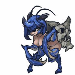 1girl angry animated animated_gif antennae armor black_eyes blue_hair bottomless bouncing_breasts breastplate breasts claws crab female_focus medium_breasts monster_girl monster_hunter_(series) muhut multicolored_hair personification shell shogun_ceanataur skull solo tagme thighs