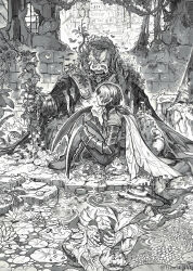 2boys armor arthropod_horns arthropod_limbs boots cape flaw_eight g_corp._(identity)_(project_moon) gregor_(project_moon) greyscale highres insect_wings ivy limbus_company long_hair low_ponytail male_focus meursault_(project_moon) military_uniform monochrome multiple_boys n_corp._fanatic_(identity)_(project_moon) overgrown pond ponytail project_moon rubble ruins sitting talisman wax_seal wings