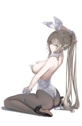 Rule 34 | 1girl, absurdres, arm behind head, ass, backless leotard, bare arms, bare back, bare shoulders, black shoes, blonde hair, blush, detached collar, grey pantyhose, grin, hair between eyes, highres, laneigu, leotard, long hair, original, pantyhose, playboy bunny, ponytail, shoes, sitting, smile, solo, strapless, strapless leotard, thigh strap, wariza, white leotard, wrist cuffs, yellow eyes
