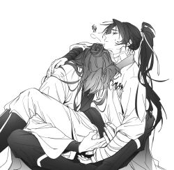 2boys adam&#039;s_apple bandaged_arm bandaged_neck bandages boots cheongmyeong_(return_of_the_mount_hua_sect) closed_mouth gahya00 greyscale hair_bun hair_ornament hair_ribbon hair_stick hand_on_another&#039;s_back hands_on_another&#039;s_waist head_on_another&#039;s_chest high_ponytail korean_commentary korean_text long_hair long_sleeves male_focus monochrome multiple_boys pants ponytail return_of_the_mount_hua_sect ribbon sash simple_background sitting sitting_on_lap sitting_on_person sweatdrop tang_bo_(return_of_the_mount_hua_sect) wide_sleeves yaoi