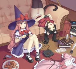 2girls :d animal_ears arm_ribbon backpack bag bell black_footwear black_hair black_legwear bloomers blue_dress book bottle bow bow_panties card carpet cat_ears cellphone closed_mouth collar controller cookie couch cristalavi dress fang food frilled_dress frills game_console hair_bow hair_ribbon hat hat_bow highres inkwell legs_up lolita_fashion long_hair lying mary_janes mirror multiple_girls neck_bell no_pants on_back on_floor open_mouth original panties phone pinafore_dress pink_dress pink_eyes pink_hair plate playing_games pointy_ears puffy_short_sleeves puffy_sleeves quill red_bow red_shirt ribbon shirt shoes short_sleeves sitting sleeveless sleeveless_dress smartphone smile t-shirt tarot tarot_card thighhighs tress_ribbon twintails underwear unworn_dress very_long_hair white_panties witch witch_hat wooden_floor yellow_eyes