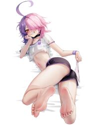 Rule 34 | 1girl, absurdres, ahoge, ass, benghuai xueyuan, black bra, black choker, black shorts, blush, bow, bow panties, bra, breasts, choker, crop top, feet, from behind, hair between eyes, hair over one eye, highres, holding, holding panties, holding underwear, honkai (series), honkai impact 3rd, huge ahoge, legs, looking at viewer, lying, medium hair, messy hair, midriff, multicolored hair, nail polish, navel, on bed, on side, panties, pink bow, pink hair, pink nails, purple hair, purple shorts, see-through clothes, see-through shirt, sharp teeth, shirt, short shorts, short sleeves, shorts, simple background, sin mal, sin mal0909, small breasts, smile, smug, soles, solo, sweat, swept bangs, teeth, thighs, toenail polish, toenails, toes, two-tone hair, underwear, unworn panties, white background, white panties, white shirt, wrist cuffs, yellow eyes
