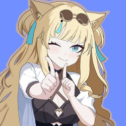Rule 34 | 1girl, ;), animal ears, aquamarine725, black dress, blonde hair, blue background, blue eyes, breasts, brown outline, cat ears, cleavage, cleavage cutout, closed eyes, clothing cutout, dress, glasses, honkai (series), honkai impact 3rd, jacket, koi dance, long hair, looking at viewer, one eye closed, outline, pince-nez, simple background, smile, solo, songque, songque (astralop), white jacket