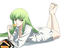 1girl :o baasaku_(balasaku24) barefoot breasts c.c. chips_(food) cleavage code_geass eating food full_body green_hair highres holding holding_food looking_at_viewer lying on_stomach open_mouth shirt snack solo the_pose white_shirt yellow_eyes