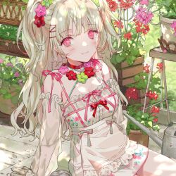 1girl bare_shoulders blush breasts cleavage closed_mouth commentary_request detached_sleeves dress flower hair_flower hair_ornament highres long_hair looking_at_viewer medium_breasts original outdoors pink_flower pink_ribbon purple_eyes red_flower ribbon sitting smile solo white_dress white_hair yutsumoe