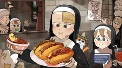 6+girls :d :o @_@ ^_^ against_glass against_window animal animal_on_head animal_on_shoulder baby_animal bandaid bendy_straw bird bird_on_head blonde_hair blue_eyes book bowl brown_eyes brown_hair cat cat_on_shoulder chicken chili_pepper closed_eyes clumsy_nun_(diva) commentary cup diva_(hyxpk) drinking_glass drinking_straw drooling duck duckling english_commentary freckles frog froggy_nun_(diva) gagged glasses glasses_nun_(diva) grey_hair habit hat hedgehog hedgehog_on_head highres holding holding_book hot_dog hugging_book hugging_object hungry_nun_(diva) little_nuns_(diva) multiple_girls nervous_sweating nose_bubble nun on_head open_mouth ostrich plate poster_(object) round_eyewear sheep_nun_(diva) slice_of_life smile sombrero spicy_nun_(diva) stack sweat traditional_nun yellow_eyes