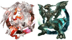 claws closed_mouth colored_sclera commentary dragon game_freak gen_5_pokemon highres kanna_(kan419_k) legendary_pokemon nintendo no_humans pokemon pokemon_(creature) red_sclera reshiram smile standing tail white_eyes wings zekrom