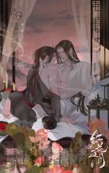 2boys absurdres ahoge artist_name ass bare_pectorals barefoot bed bed_sheet bishounen black_hair black_hanfu bloodybeni bottomless brown_hair bud chinese_clothes chinese_text closed_mouth clothes_down collarbone commission cup curtains dusk flower hair_ribbon hanfu highres holding holding_jar incense_burner indoors jar lan_wangji lattice light_particles long_hair long_sleeves looking_at_another lotus lotus_leaf male_focus modao_zushi multiple_boys muscular muscular_male naked_robe off_shoulder on_bed open_clothes open_mouth open_robe paintbrush_rack partially_undressed pectorals ponytail profile red_ribbon ribbon robe sample_watermark see-through_clothes shade single_bare_shoulder sitting sky smile smoke table teacup teapot toned toned_male watermark wei_wuxian white_hanfu window wooden_floor yaoi