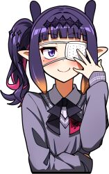 Rule 34 | 1girl, black ribbon, chuunibyou, ddolbang, eyepatch, gradient hair, grey sweater, highres, hololive, hololive english, looking at viewer, multicolored hair, ninomae ina&#039;nis, ninomae ina&#039;nis (school uniform), pointy ears, purple eyes, purple hair, ribbon, school uniform, side ponytail, smile, sweater, tentacle hair, transparent background, virtual youtuber