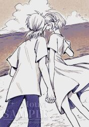 1boy 1girl artist_name blue_pants braid closed_eyes couple crown_braid dress hair_ornament hair_tie hairclip hetero highres holding_hands interlocked_fingers link long_shirt low_ponytail medium_hair mouyi nintendo open_mouth pants pointy_ears ponytail princess_zelda sample_watermark shirt short_hair short_sleeves sidelocks smile the_legend_of_zelda the_legend_of_zelda:_breath_of_the_wild watermark white_dress white_shirt