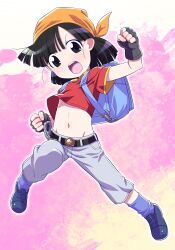 Rule 34 | 1girl, backpack, bag, bandana, belt, belt chain, black belt, black eyes, black gloves, black hair, blue bag, blue shoes, blue socks, capri pants, chain, clenched hands, commentary, cropped shirt, dragon ball, dragon ball gt, fingerless gloves, flat chest, full body, gloves, grey pants, groin, highres, himehachi (hime8manga), navel, open mouth, orange bandana, pan (dragon ball), pants, randoseru, red shirt, shirt, shoes, short hair, short sleeves, socks, solo, teeth, upper teeth only