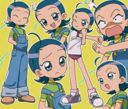 1girl :d :o :t ;t ^_^ ahoge blue_eyes blue_hair blue_overalls buruma child closed_eyes closed_mouth green_shirt gym_shirt gym_uniform highres nzeneee ojamajo_doremi open_mouth outline overalls red_buruma senoo_aiko shirt short_hair short_sleeves smile solo sweatdrop t-shirt wavy_mouth white_outline white_shirt yellow_background