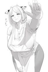 1girl animal_ears apron bell blurry borrowed_character breasts cleavage collarbone commentary_request cow_ears cow_girl cow_horns cowboy_shot curvy depth_of_field futao_miruku&#039;s_mother_(riki) greyscale hair_ribbon hand_on_own_leg hanging_breasts highres horns huge_breasts inward_flipped_hair jewelry large_breasts leaning_forward looking_at_viewer mole mole_under_eye mole_under_mouth monochrome necklace original outstretched_arm parted_bangs qaz_shibashi reaching reaching_towards_viewer ribbon shirt short_hair short_sleeves simple_background solo t-shirt white_background wide_hips
