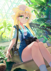 1girl :o bag blonde_hair blue_overalls blurry blurry_foreground bottle braid brand_name_imitation bush camera camera_around_neck commentary commentary_request day english_commentary feet_out_of_frame fern glasses green_eyes greenhouse highres indoors long_hair looking_down mixed-language_commentary original over-rim_eyewear overalls parted_lips pioko plant round_eyewear semi-rimless_eyewear shirt short_sleeves shoulder_bag signature single_braid sitting snail socks solo stairs thighs water_bottle white_headwear white_shirt white_socks yellow-framed_eyewear