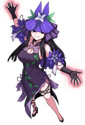 1girl black_eyes black_hair breasts cleavage cleavage_window food_print formicid fruit_print grape_print highres large_breasts long_hair simple_background solo touhou white_background yomotsu_hisami