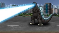 Rule 34 | atomic breath, bandai namco, blue sky, breath weapon, building, city, cityscape, claws, crossover, day, dinosaur, energy, energy beam, full body, giant, giant monster, glowing, glowing spikes, godzilla, godzilla (series), godzilla vs. king ghidorah, grass, kaiju, monster, mouth beam, overcast, park, plasma, plasma beam, railing, road, sky, skyscraper, spikes, street, super robot wars, tail, toho, tree, type x