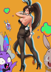 1girl absurdres anger_vein animal animal_ears ass backless_leotard bandaid bandaid_on_cheek bandaid_on_face bare_shoulders black_bow black_bowtie black_leotard black_pantyhose black_shoes blush bow bowtie breasts brown_eyes brown_hair closed_mouth cross_scar detached_collar dungeon_and_fighter epko fake_animal_ears fake_tail female_fighter_(dungeon_and_fighter) floating_hair from_behind glasses high_heels highleg highleg_leotard highres large_breasts leotard long_hair looking_down meme open_mouth pantyhose pink_bow pink_bowtie playboy_bunny pointing pointing_at_another ponytail pumps rabbit rabbit_ears rabbit_tail scar scar_on_arm shoes simple_background skindentation small_sweatdrop solo standing strapless strapless_leotard tail thigh_strap two_soyjaks_pointing_(meme) very_long_hair white_wrist_cuffs wrist_cuffs yellow_background