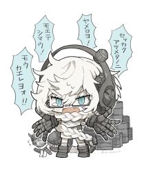 Rule 34 | 2girls, abyssal ship, black-framed eyewear, black boots, blue eyes, blush, boots, braid, chibi, closed mouth, commentary request, drum (container), fang, flying sweatdrops, glasses, hair between eyes, hair scarf, headphones, highres, kantai collection, multiple girls, narukan, open mouth, outstretched arms, pt imp group, simple background, single braid, solo focus, speech bubble, standing, supply depot princess, tears, translation request, white background, white hair