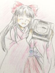 Rule 34 | 1girl, absurdres, black hair, breasts, closed eyes, game console, hair ribbon, happy, highres, japanese clothes, long hair, long skirt, open mouth, ponytail, ribbon, sakura taisen, sega, sega saturn, shinguuji sakura, skirt, small breasts, smile, solo, traditional media