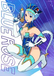 blue_eyes blue_hair blue_lips blue_nails blue_rose_(tiger_&amp;_bunny) blue_thighhighs boots breasts bright_pupils cleavage copyright_name detached_collar dress earrings elbow_gloves from_side gloves gun hand_on_own_hip hat high_heel_boots high_heels highres holding holding_gun holding_weapon jewelry karina_lyle kotatsu_(g-rough) lipstick looking_at_viewer makeup medium_breasts nail_polish nails_visible_through_gloves on_one_knee parted_lips pepsi short_dress short_hair signature smile solo strapless strapless_dress syringe syringe_gun thigh_boots thighhighs tiger_&amp;_bunny trigger_discipline weapon white_gloves white_pupils white_thighhighs