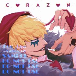 1boy blonde_hair character_name cigarette donquixote_rocinante finger_tattoo fingernails hand_tattoo hat lipstick looking_ahead makeup male_focus one_piece out_of_frame parted_lips red_hat short_hair solo solo_focus tattoo trafalgar_law vamos_mk