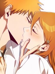 Rule 34 | 1boy, 1girl, absurdres, bleach, blush, closed eyes, collared shirt, hair between eyes, hair ornament, hairpin, hetero, highres, inoue orihime, kiss, kurosaki ichigo, long hair, n (nauki 11), orange hair, portrait, shirt, short hair, spiked hair, white shirt