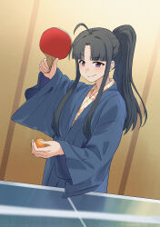 Rule 34 | 1girl, absurdres, ahoge, awa subaru, ball, black hair, commentary, english commentary, girls band cry, highres, holding table tennis paddle, japanese clothes, long hair, long sleeves, looking at viewer, open mouth, parted bangs, ponytail, sidelocks, solo, summer left, table tennis ball