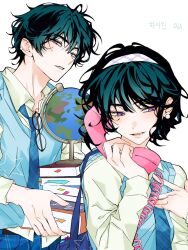 1boy 1girl alien_stage black_hair blue_necktie blue_sweater_vest book book_stack collared_shirt commentary corded_phone earrings eyewear_hang genderswap genderswap_(mtf) glasses globe hairband hashtag-only_commentary highres holding holding_book holding_phone jewelry necktie nyugi0v0 official_alternate_costume pearl_earrings phone purple_eyes shirt short_hair sua_(alien_stage) sweater_vest unworn_eyewear white_hairband white_shirt