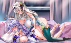 1futa 1girl absurdres alternate_breast_size armpits ass barefoot blue_eyes blurry blurry_background blush bouncing_breasts breasts closed_mouth depth_of_field dress firefly_(honkai:_star_rail) from_side full-face_blush full_body futa_with_female futanari gradient_eyes green_thighhighs grey_hair hair_between_eyes hair_ornament hairband halo head_wings highres honkai:_star_rail honkai_(series) implied_futanari jewel_under_eye kneeling large_breasts long_hair looking_at_another looking_at_viewer lying multicolored_eyes nail_polish nipples on_stomach open_mouth pillow_bite purple_dress purple_hair robin_(honkai:_star_rail) sex sex_from_behind soles thighhighs toenail_polish toenails toes very_long_hair white_dress wings xiaoli_(1507)