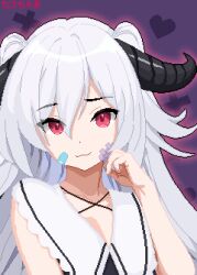 Rule 34 | 1girl, aiko (phase connect), bandage on face, bandages, bandaid, bandaid on face, black horns, hand up, highres, horns, long hair, looking at viewer, phase connect, pixel art, red eyes, sethchamachama, smug, solo, twintails, upper body, virtual youtuber, white hair