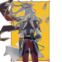 1boy armor belt gloves hair_over_one_eye hair_ribbon high_ponytail highres honkai:_star_rail honkai_(series) jing_yuan long_hair long_sleeves male_focus mississipping one_eye_covered pants ponytail red_pants red_ribbon ribbon solo thigh_strap white_hair yellow_background yellow_eyes