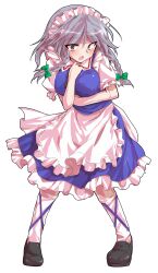 1girl alphes_(style) apron black_shoes blue_dress blush bow braid breasts commentary_request dairi dress full_body green_bow grey_hair hair_bow izayoi_sakuya large_breasts large_variant_set maid maid_apron maid_headdress medium_breasts parody pigeon-toed puffy_short_sleeves puffy_sleeves shoes short_sleeves simple_background socks solo standing style_parody tachi-e torn_clothes touhou transparent_background twin_braids variant_set white_socks