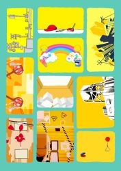 arrow_(projectile) balloon blue_border border bow_(weapon) building butcher_vanity_(synthesizer_v) castanets caution_tape collage computer crossover cube dat_boi_(meme) emoji flower food fork gigantic_o.t.n_(vocaloid) hat highres instrument i~ya_i~ya_i~ya_(vocaloid) jinsei_nantonaku_tanoshiku_ikite_ikitai._(utau) knife kyoufuu_all_back_(vocaloid) lantern mani_mani_(vocaloid) meme milk_carton multiple_crossover na_ni_mo_no_(vocaloid) no_humans paper_lantern railroad_crossing railroad_signal rainbow raw_meat red_flower rooftop shirt sign songover steak strobe_light_(vocaloid) synthesizer_v telecaster_b-boy_(vocaloid) triangle_(instrument) unicorn unworn_hat unworn_headwear unworn_shirt vocaloid warning_sign watashi_no_miseinen_kansoku_(vocaloid) water_tank weapon yaa0 yellow_theme