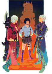 1girl 2boys black_gloves black_hair blue_coat coat crossed_arms dante_(devil_may_cry) devil_may_cry devil_may_cry_(series) devil_may_cry_3 fingerless_gloves gloves hand_on_another&#039;s_shoulder highres holding holding_sword holding_weapon jewelry kalina_ann_(weapon) lady_(devil_may_cry) midriff_peek multiple_boys necklace red_coat rocket_launcher scar scar_on_face scar_on_nose shirt st_hedge sword vergil_(devil_may_cry) weapon white_hair white_shirt yamato_(sword)