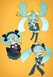 1girl :3 absurdres ahoge akai_kuro alarm_clock arm_tattoo arrow_hair_ornament bag black_boots black_bow black_dress black_skirt blue_eyes blue_hair blue_necktie boots bow clock closed_eyes colored_sclera dancing detached_sleeves dress flower flower_on_head fortissimo gothic_lolita green_sclera grey_shirt hair_bow hair_ornament hairband hairclip hatsune_miku headphones heart heart-shaped_bag heart_hands heart_print highres holding holding_megaphone lolita_fashion lolita_hairband long_hair long_sleeves looking_at_viewer megaphone multiple_views musical_note musical_note_hair_ornament necktie open_mouth orange_background pink_necktie print_dress screaming shirt shoulder_tattoo skirt sleeveless sleeveless_shirt smile standing star_(symbol) star_hair_ornament striped_necktie tattoo thigh_boots tie_clip twintails vocaloid waist_bow wavy_hair wide_sleeves