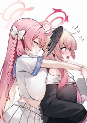 2girls ^^^ absurdres ahoge artist_name bare_shoulders black_cardigan black_wings blue_archive blue_sailor_collar blush bow braid breast_press breasts cardigan closed_mouth commentary green_eyes hair_bow halo hanako_(blue_archive) head_wings highres huge_breasts koharu_(blue_archive) long_hair multiple_girls neckerchief open_mouth pink_hair pink_halo pink_neckerchief pleated_skirt pumiss ribbon sailor_collar school_uniform serafuku short_sleeves simple_background skirt sleeves_past_fingers sleeves_past_wrists smile twintails very_long_sleeves white_background white_bow white_ribbon white_sailor_collar white_serafuku white_skirt wings wrist_ribbon yuri
