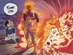 1boy 1girl black_boots black_hair blue_bodysuit bodysuit boots breasts english_text fire highres human_torch if_we_win_i&#039;ll_sit_on_your_face_(meme) jacket johnny_storm large_breasts luna_snow marvel marvel_rivals meme multicolored_hair one-punch_man open_clothes open_jacket parody short_shorts shorts speech_bubble split-color_hair superhero_costume thigh_boots tina_fate two-tone_bodysuit two-tone_hair white_bodysuit white_hair white_shorts