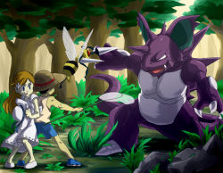 1boy 1girl battle beedrill brown_hair bug_catcher_(pokemon) creatures_(company) donnpati dress forest game_freak gen_1_pokemon hat lady_(pokemon) long_hair nature nidoking nintendo npc_trainer pokemon pokemon_(creature) protecting shorts tree