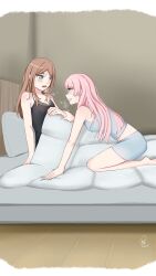 2girls bang_dream! bang_dream!_it&#039;s_mygo!!!!! bare_arms barefoot black_camisole blue_camisole blue_eyes blue_shorts blush breath brown_hair camisole chihaya_anon commentary grey_eyes harune28 highres holding_another&#039;s_wrist long_hair looking_at_another multiple_girls nagasaki_soyo on_bed open_mouth pillow pink_hair shorts sweat symbol-only_commentary under_covers yuri
