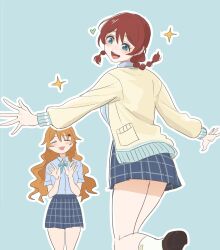 2girls :3 aqua_background blue_eyes blue_shirt borrowed_clothes braid cardigan closed_eyes collared_shirt commentary emma_verde freckles heart highres konoe_kanata leg_up long_hair love_live! love_live!_nijigasaki_high_school_idol_club monowe multiple_girls necktie nijigasaki_school_uniform open_mouth orange_hair outline outstretched_arms plaid_clothes plaid_skirt pleated_skirt red_hair school_uniform shirt simple_background skirt socks spread_arms star_(symbol) summer_uniform symbol-only_commentary twin_braids yellow_cardigan