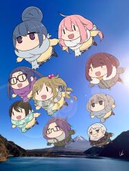 1boy 6+girls beard black-framed_eyewear black_hair blue_eyes blue_hair blush brown_eyes brown_hair facial_hair fang glasses grandfather_and_granddaughter green_eyes grey_hair hair_between_eyes hair_bobbles hair_bun hair_ornament highres inuyama_aoi jacket kagamihara_nadeshiko kagamihara_sakura long_hair long_sleeves mizunami_ema motosu_school_uniform mount_fuji multiple_girls old old_man oogaki_chiaki open_mouth pink_hair purple_eyes purple_hair ribbed_sweater saitou_ena scarf school_uniform shima_rin shinshiro_hajime shirt short_hair side_ponytail single_hair_bun smile sweater thick_eyebrows toki_ayano twintails yas_(yosiyasuyasu) yellow_eyes yurucamp