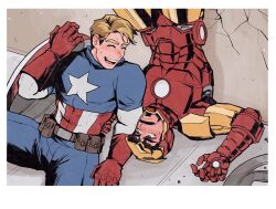 2boys arc_reactor armor avengers_(series) belt black_hair blonde_hair blue_bodysuit blue_eyes bodysuit border brown_belt captain_america closed_eyes closed_mouth facial_hair full_armor gloves hand_up holding holding_shield hood hooded_bodysuit iron_man looking_at_another male_focus marvel multicolored_armor multiple_boys open_mouth pocket power_armor red_armor red_gloves shadow shield short_hair sitting smile star_(symbol) steve_rogers superhero_costume teeth tony_stark upside-down vertical-striped_bodysuit weibo_7899261198 white_border yellow_armor