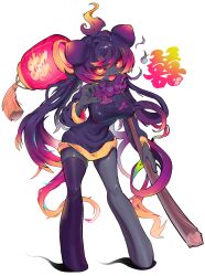 Rule 34 | 1girl, absurdly long hair, absurdres, ahoge, black dress, colored inner hair, colored sclera, colored skin, covered erect nipples, cutout eyelashes, double bun, dress, fang, fewer digits, gradient hair, grey skin, hair bun, highres, holding, hue shifting, lantern, long hair, long sleeves, looking at viewer, low twintails, monster girl, multicolored hair, open mouth, original, purple hair, red sclera, shiny skin, simple background, single thighhigh, skin fang, skullsideart, solo, thighhighs, twintails, very long hair, white background, yellow eyes